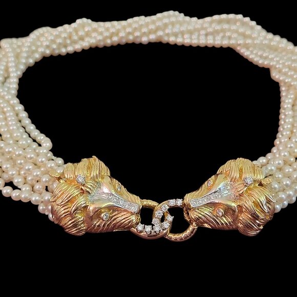 Vintage 14K Gold Lion-Head Clasp Multi-Strand Pearl Choker w/ Diamonds (Real) - Picture 2 of 5